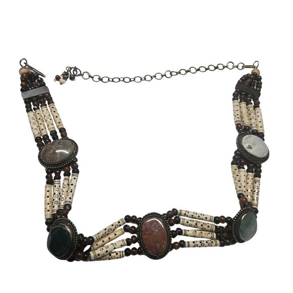 Natural Stone Bohemian Cabachon Concha Belt Carved Bone Beads Four Strands Small - Picture 3 of 12